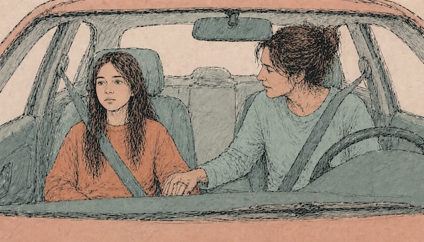 AI-generated illustration of a parent in a parked car reaching a hand toward a child in the passenger seat, while the child is looking straight forward.