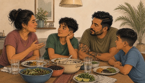 AI-generated illustration of a family of four at a dinner table, mid-conversation, relaxed and connected.