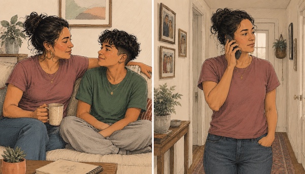 AI-generated illustration showing two scenes — a mother and teenager sitting close together on a couch, and the same mother alone in a hallway on a phone call, mid-thought.