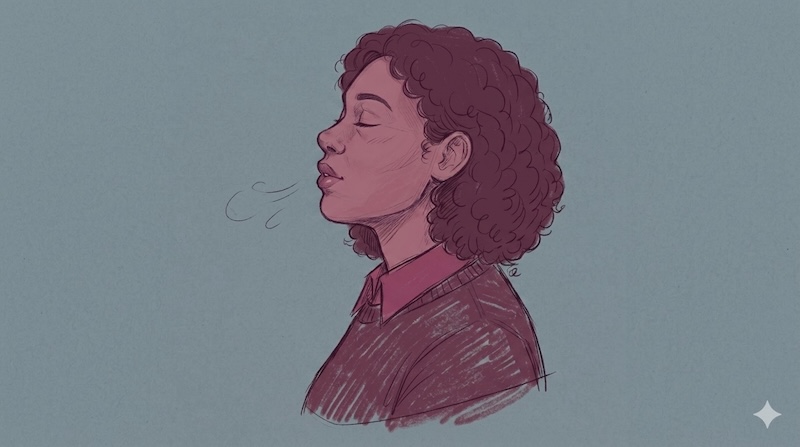 AI-generated illustration of a person in profile, eyes closed, exhaling, shown in a hand-drawn sketch style with soft breath lines.
