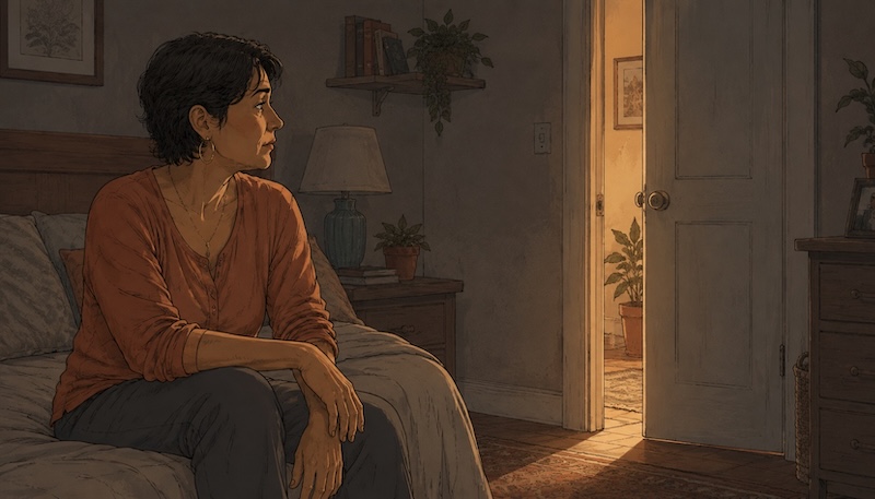 AI-generated illustration of a woman sitting on the edge of a bed in a dimly lit bedroom, looking toward a partially open door with warm light coming through. Her posture is still and thoughtful.