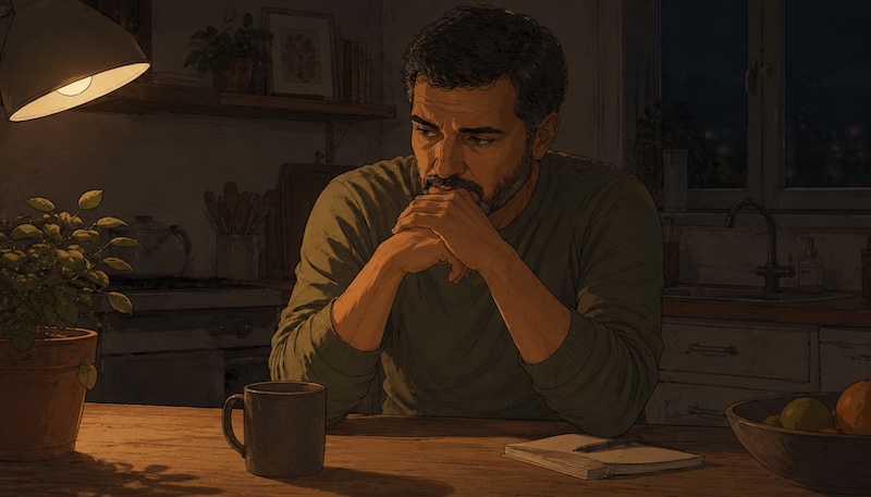 AI-generated illustration of a man sitting alone at a kitchen table late at night, hands clasped under his chin, looking to the side. A mug and a notebook sit on the table in front of him. The room is lit by a single overhead lamp.