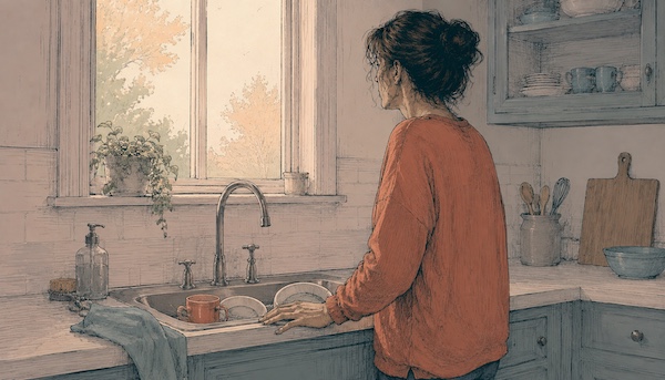 AI-generated illustration of a woman standing at a kitchen sink, back to the viewer, looking out a window with soft morning light. A few dishes in the sink. Her posture is still, not energized — present but somewhere else. AI-generated illustration of a woman standing at a kitchen sink, back to the viewer, looking out a window with soft morning light. A few dishes in the sink. Her posture is still, not energized — present but somewhere else.