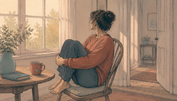 AI-generated illustration of a woman sitting curled up in a wooden chair by a window, knees pulled to her chest, barefoot, looking out at soft morning light. A cup of tea and a book on the table beside her. The room is calm and still. AI-generated illustration of a woman sitting curled up in a wooden chair by a window, knees pulled to her chest, barefoot, looking out at soft morning light. A cup of tea and a book on the table beside her. The room is calm and still.