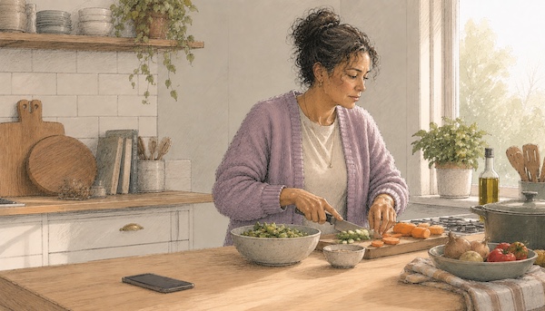 AI-generated illustration: A woman stands at a kitchen counter chopping vegetables, focused and unhurried. Her phone lies face-down on the table behind her. Warm evening light comes through the window. The mood is quiet and grounded. AI-generated illustration: A woman stands at a kitchen counter chopping vegetables, focused and unhurried. Her phone lies face-down on the table behind her. Warm evening light comes through the window. The mood is quiet and grounded.