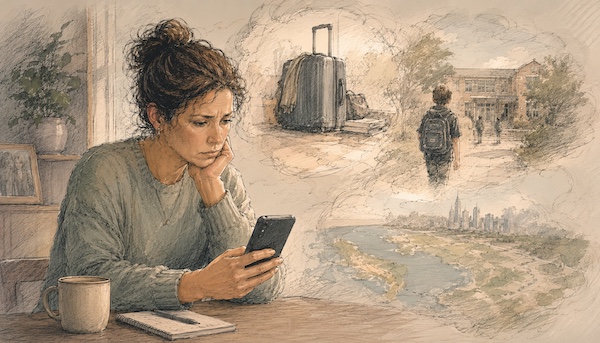 AI-generated illustration: A woman sits at a table holding her phone, looking at it with a worried expression. Around her, sketched in soft watercolor, are the scenes her mind is running: a suitcase, a child walking away toward a school, a distant cityscape. AI-generated illustration: A woman sits at a table holding her phone, looking at it with a worried expression. Around her, sketched in soft watercolor, are the scenes her mind is running: a suitcase, a child walking away toward a school, a distant cityscape.