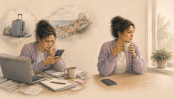 AI-generated illustration: Two versions of the same woman side by side. On the left, she sits hunched over a phone surrounded by papers and a laptop, a suitcase and a foreign city sketched in a thought bubble above her. On the right, she sits quietly holding a coffee mug, phone face-down on the table, looking out the window. AI-generated illustration: Two versions of the same woman side by side. On the left, she sits hunched over a phone surrounded by papers and a laptop, a suitcase and a foreign city sketched in a thought bubble above her. On the right, she sits quietly holding a coffee mug, phone face-down on the table, looking out the window.