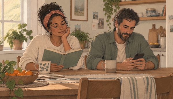 AI-generated illustration of a woman reading a book and a man looking at his phone, sitting side by side at a kitchen table, each absorbed in their own world. AI-generated illustration of a woman reading a book and a man looking at his phone, sitting side by side at a kitchen table, each absorbed in their own world.