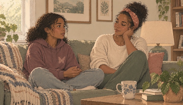 AI-generated illustration of a teenage girl talking on a couch while a woman listens closely, chin resting on her hand — a quiet, unhurried moment between them. AI-generated illustration of a teenage girl talking on a couch while a woman listens closely, chin resting on her hand — a quiet, unhurried moment between them.