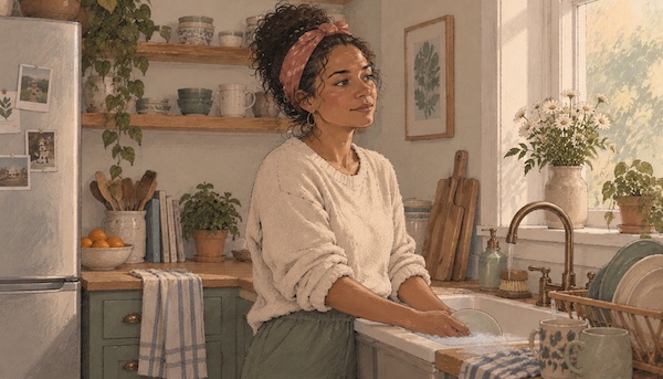 AI-generated illustration of a woman standing at a kitchen sink, one hand resting in the water, looking up and away — paused mid-task, somewhere else in her thoughts. AI-generated illustration of a woman standing at a kitchen sink, one hand resting in the water, looking up and away — paused mid-task, somewhere else in her thoughts.