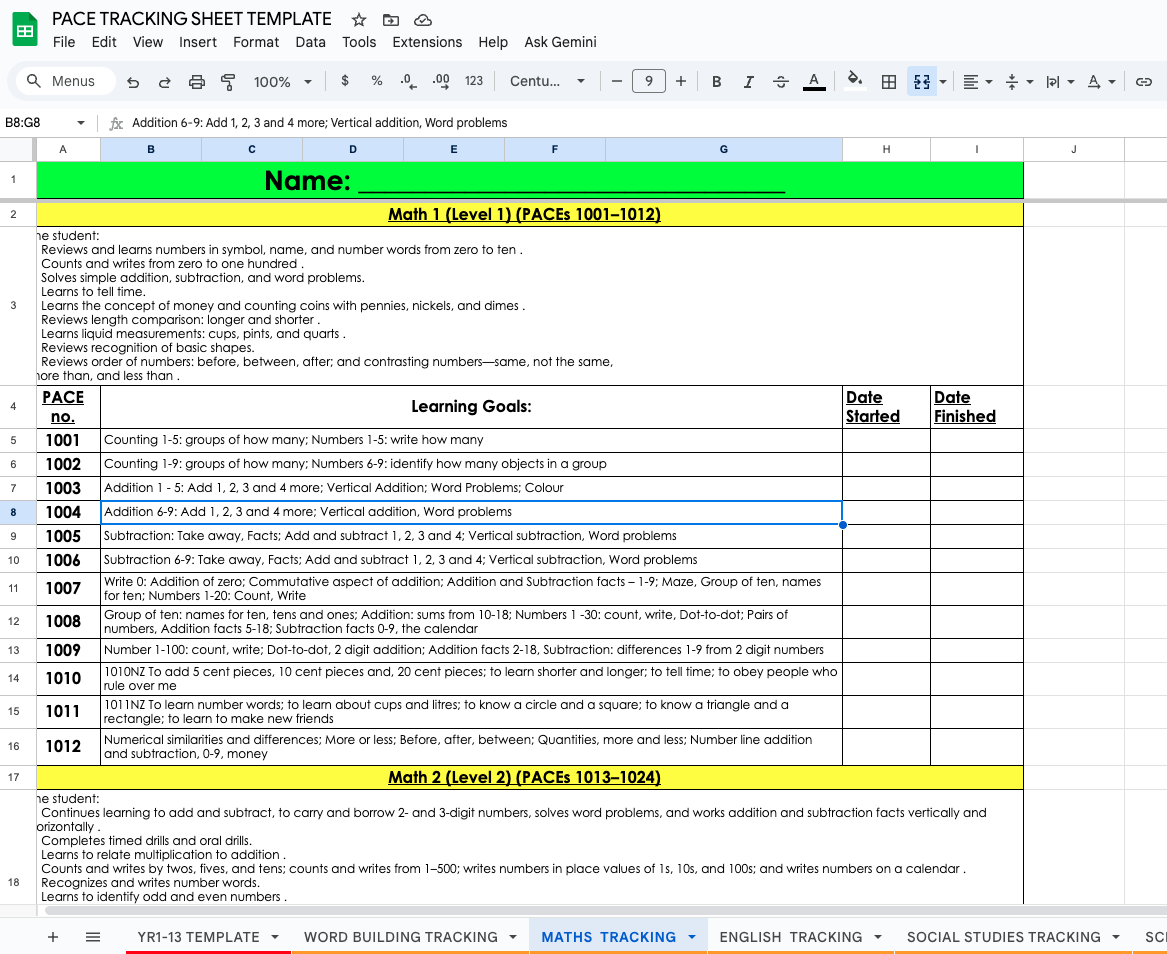 ACE INDIVIDUAL STUDENT TRACKING SHEET