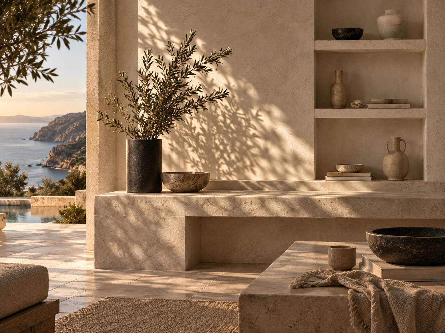 Sunlight, olive branches, and natural stone in a quiet Mediterranean interior.