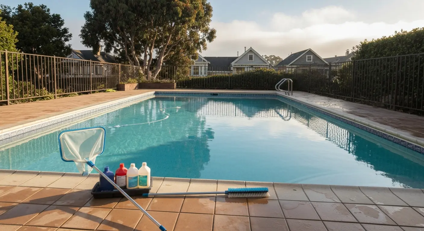 Pool cleaning service in progress