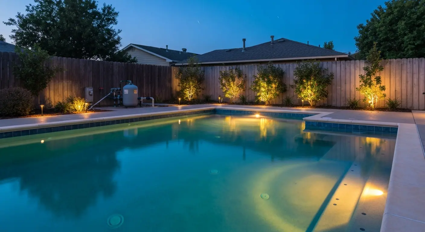 Backyard pool at night with professional lighting