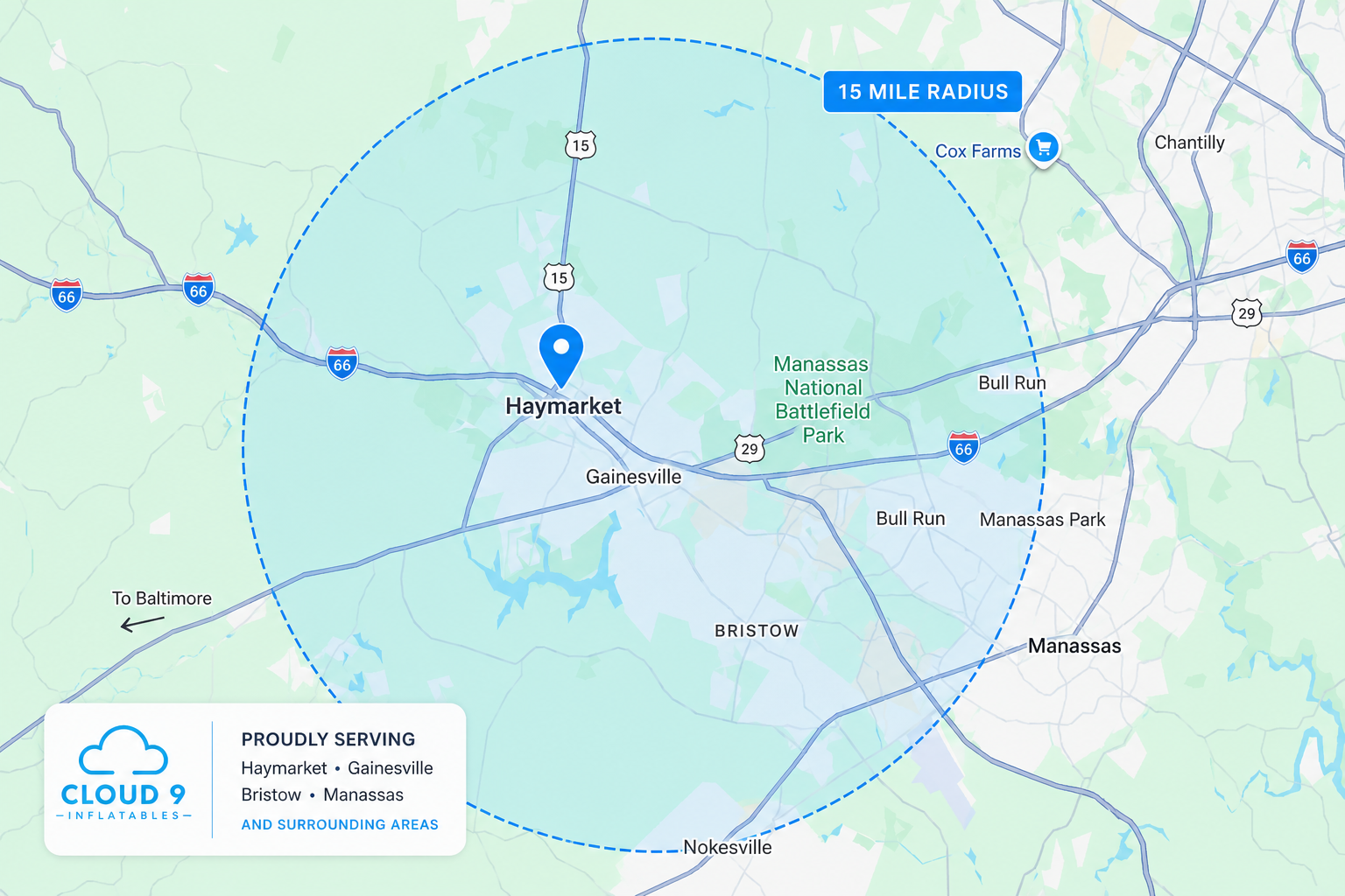 Map of the Cloud 9 Inflatables ten-mile service area around Haymarket, Virginia, covering Gainesville, Bristow, and Manassas