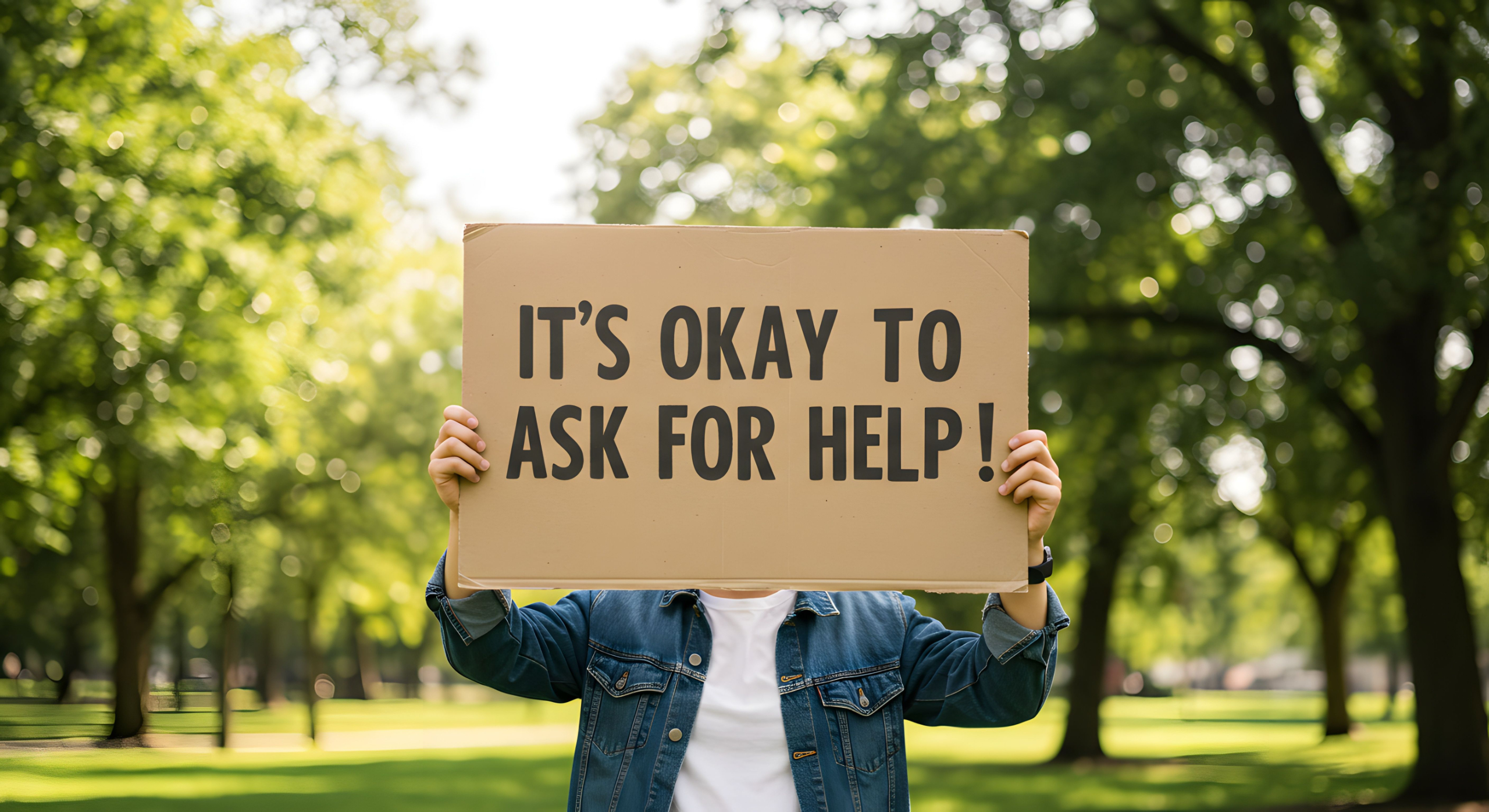 Person holding a sign that says It's okay to ask for help