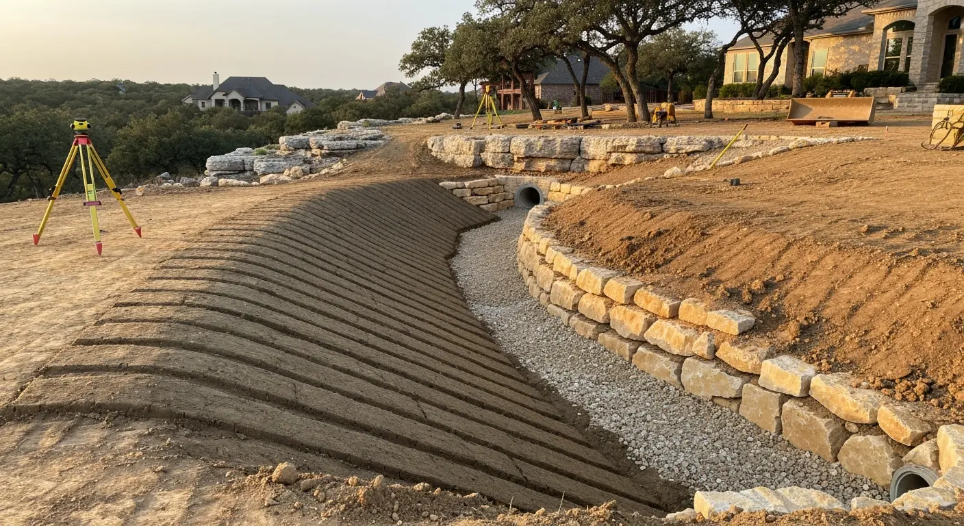 Grading and drainage implementation on sloped terrain