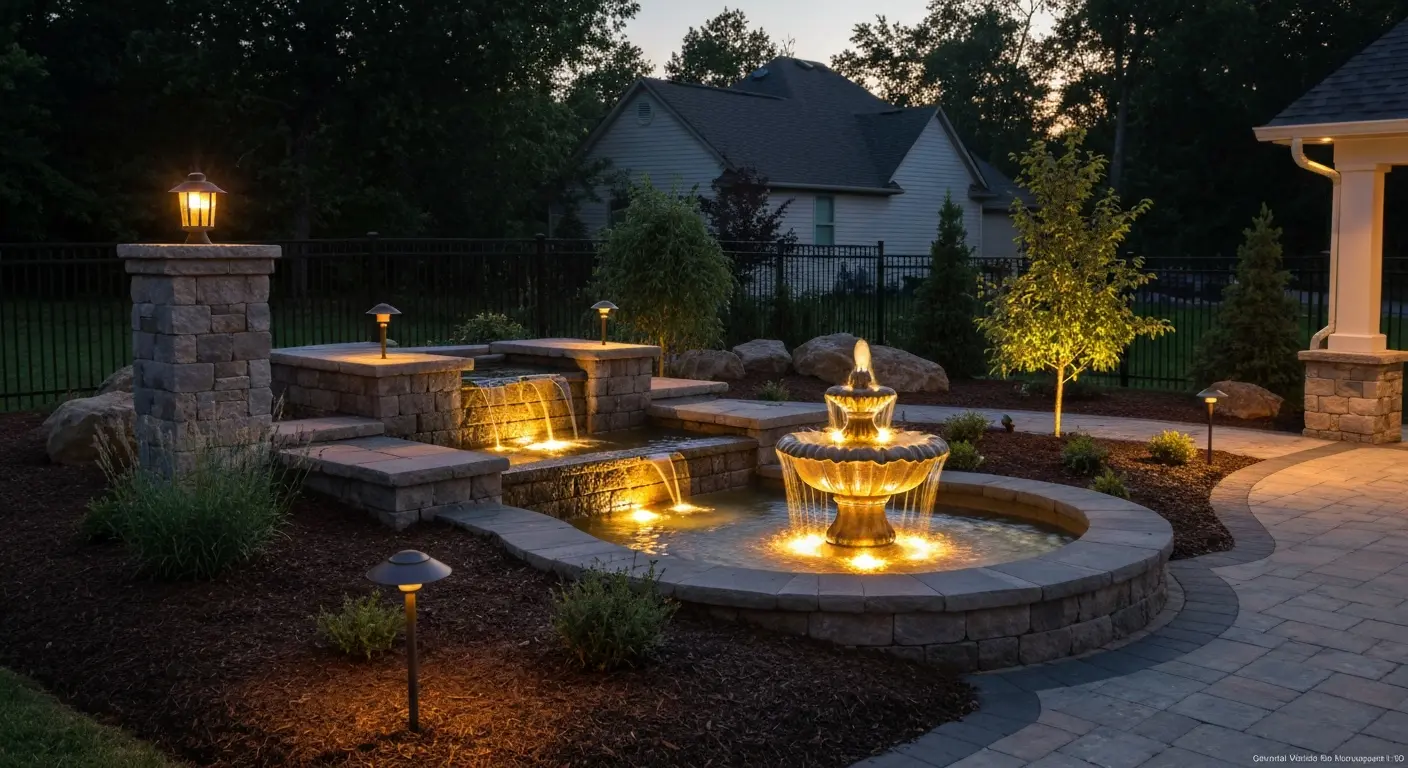 Outdoor lighting and water feature