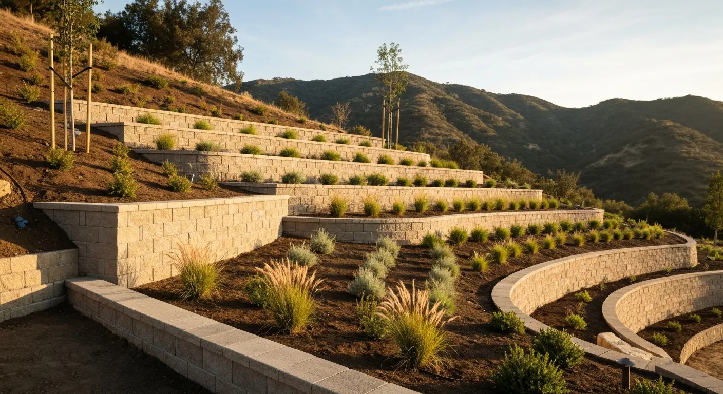 Terraced landscape design on sloped Agoura Hills property