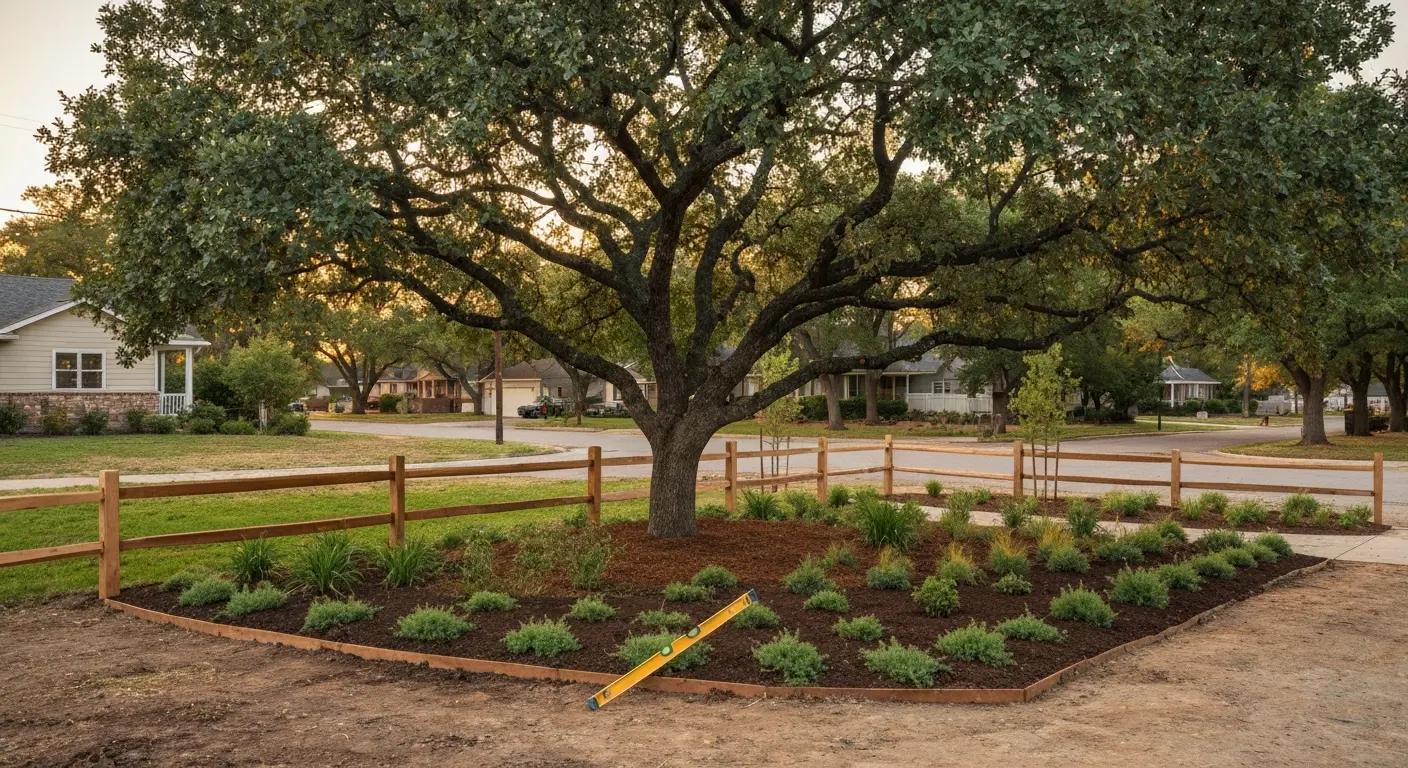 Oak tree integrated into modern landscape design