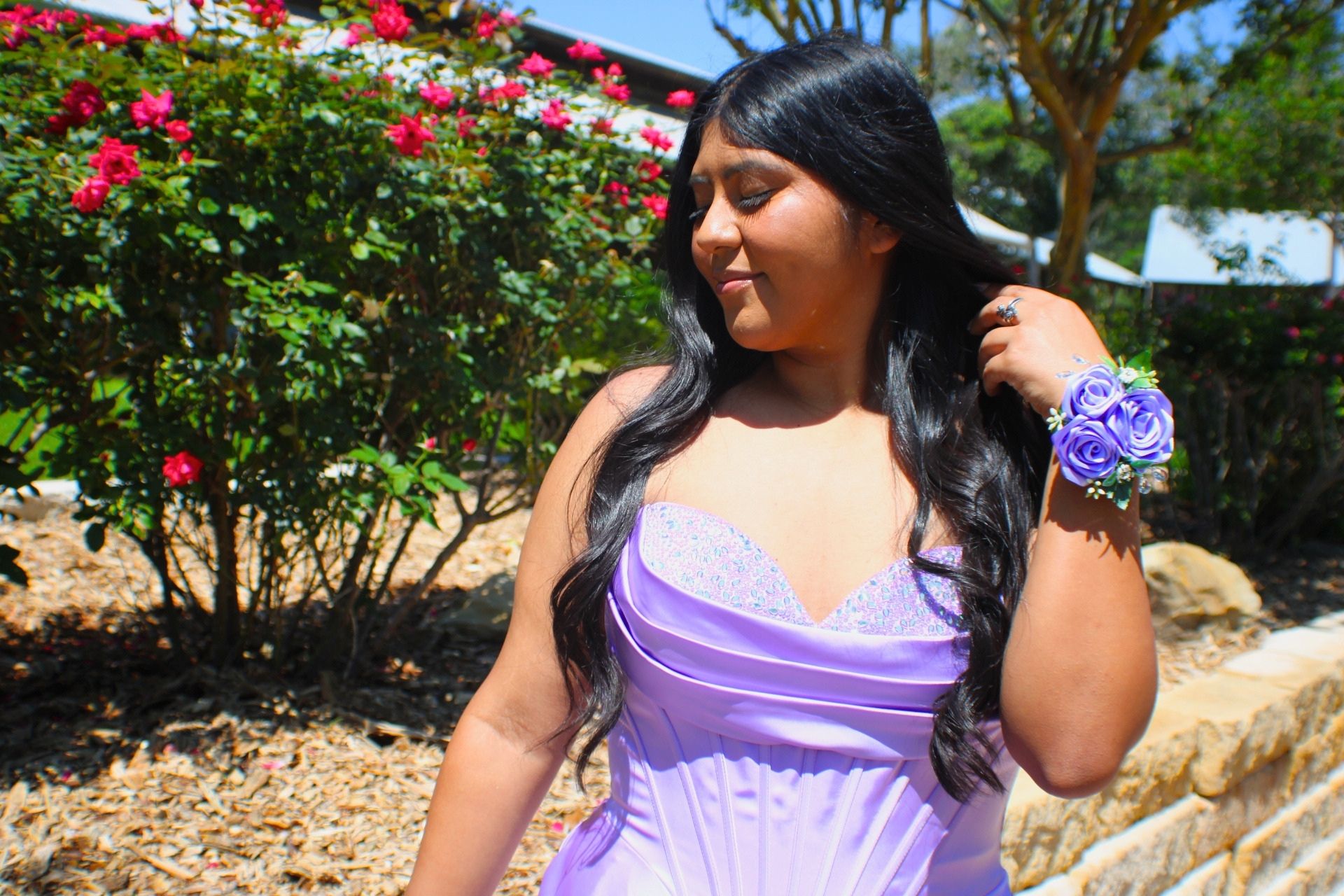 Prom portrait photographed in a garden setting in Central Texas