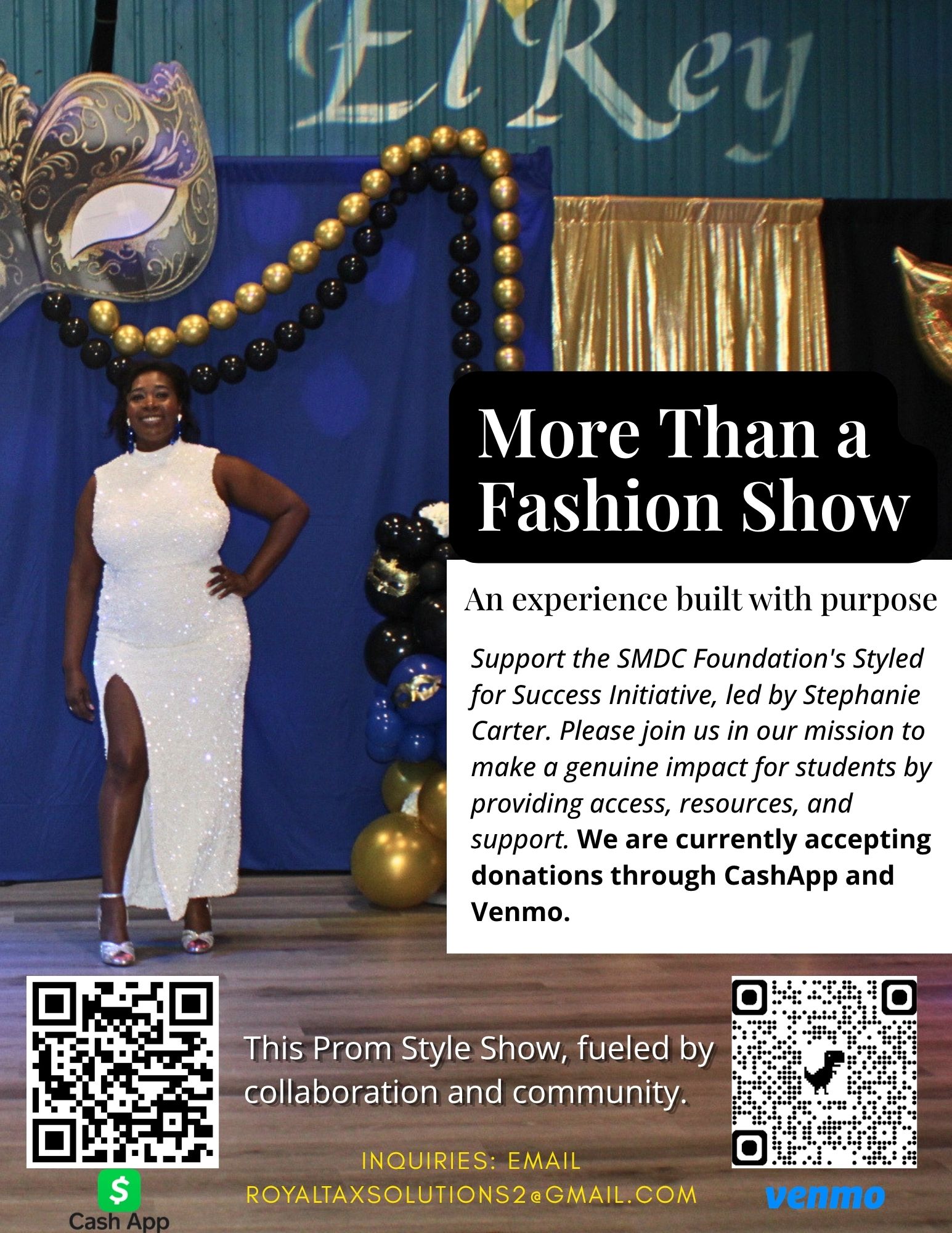 Social media graphic explaining the purpose of a community prom style show and how to donate