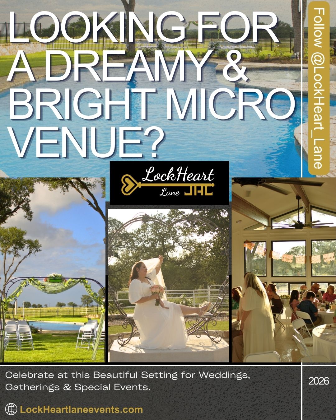 Social media graphic promoting a Central Texas micro wedding venue