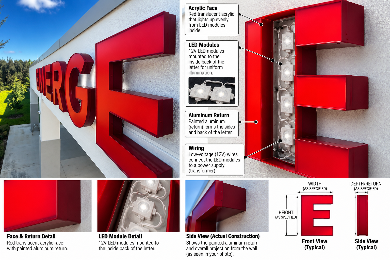 Illustration of red front-lit channel letters on a building, with face and return detail, LED module detail, side view, and front and side views marking letter height, width and return depth