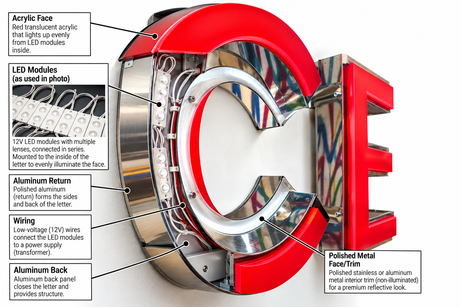 Cutaway illustration of a front-lit channel letter showing a red translucent acrylic face, 12V LED modules inside, polished aluminum return, low-voltage wiring to a power supply, aluminum back and polished metal trim