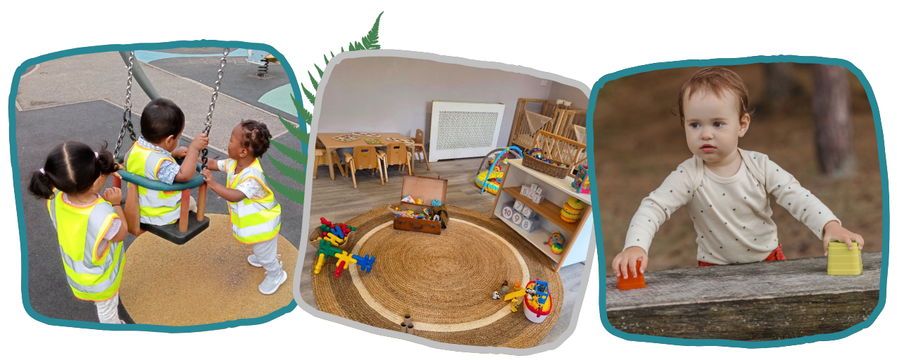Three photos show children in reflective vests helping a child on a swing, a playroom with toys, and a toddler playing with blocks outdoors at nursery in Croydonn