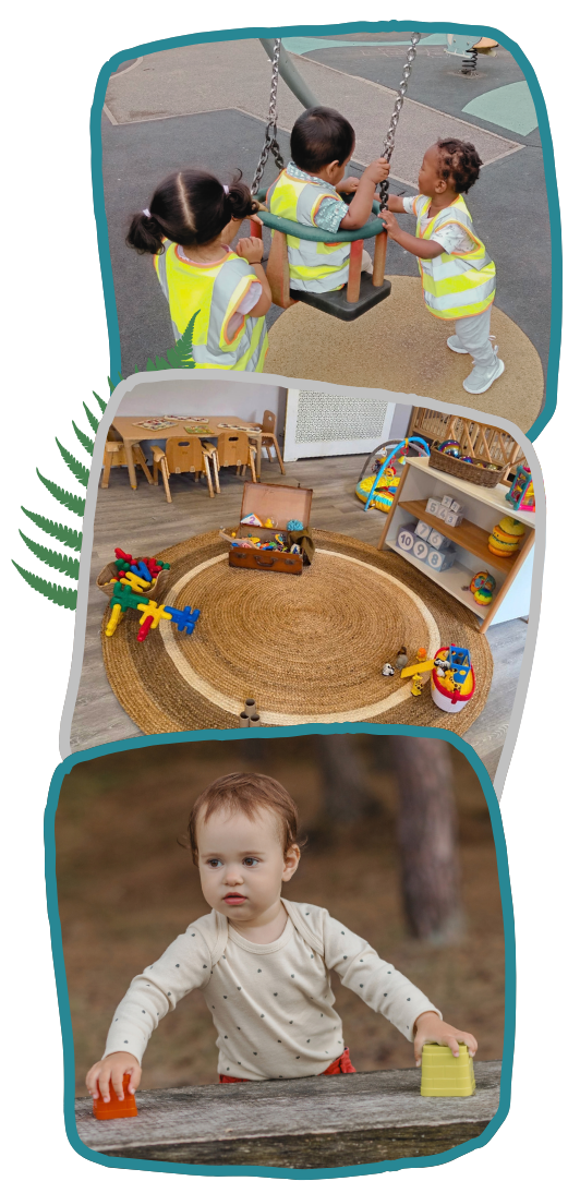 Three photos show a child holding a camera, a bright playroom with small tables and toys, and a child sticking out their tongue beside a pen at nursery in Castlemead