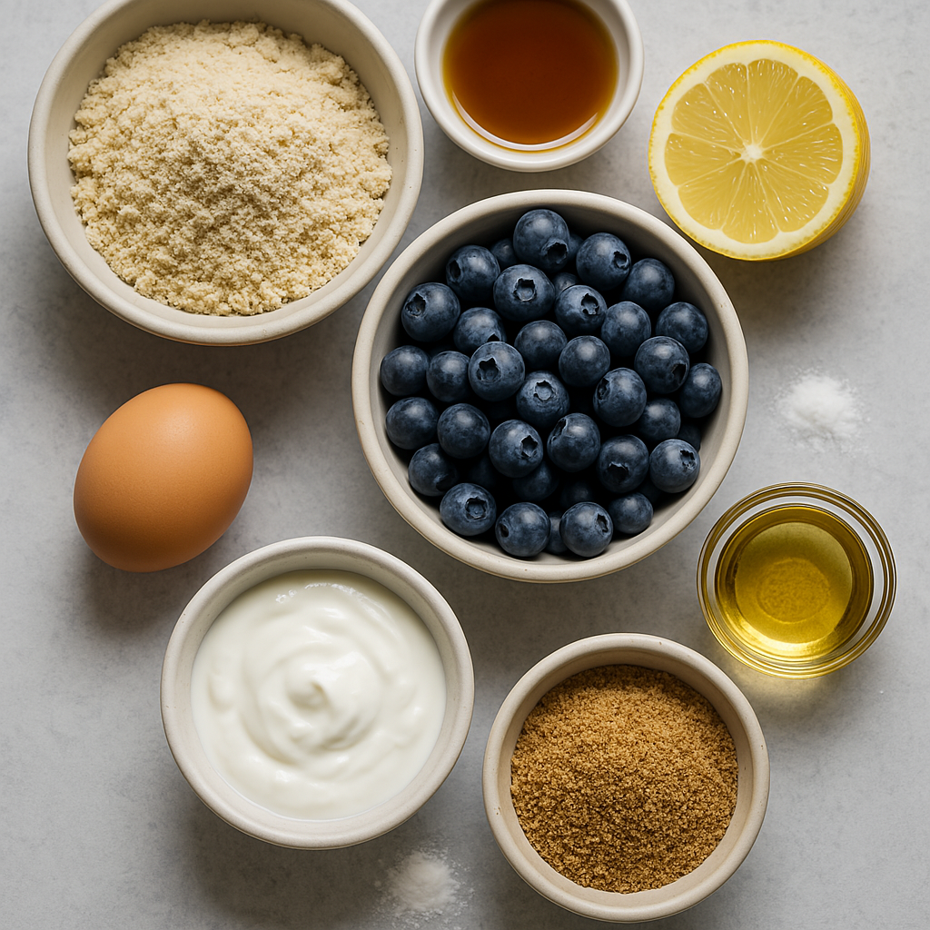 Ingredients for blood sugar friendly blueberry muffins — almond flour, flaxseed, eggs, and blueberries
