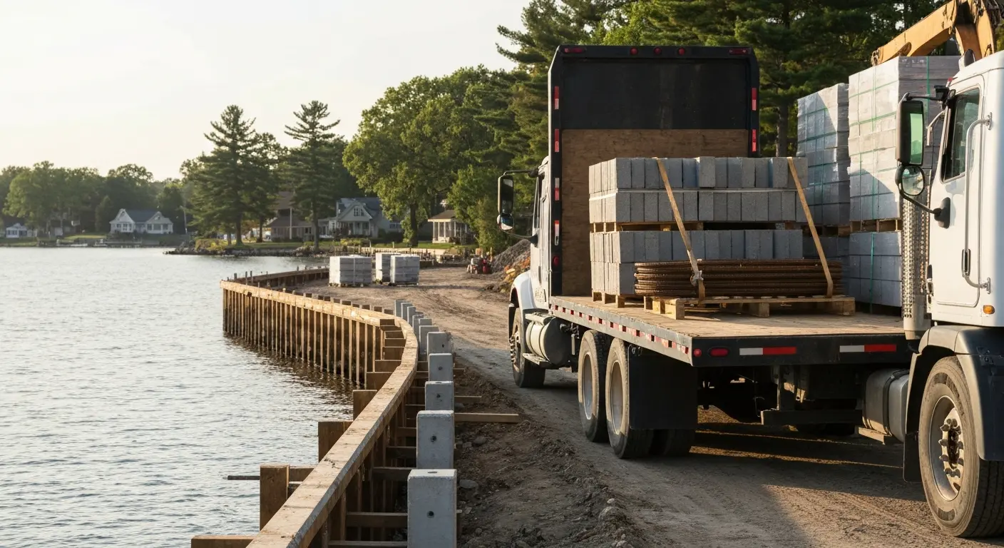 Material delivery truck at waterfront site