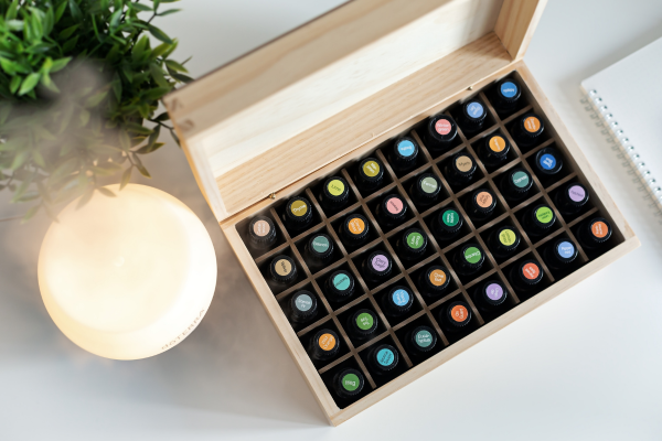 box holding bottles of essential oils with diffuser