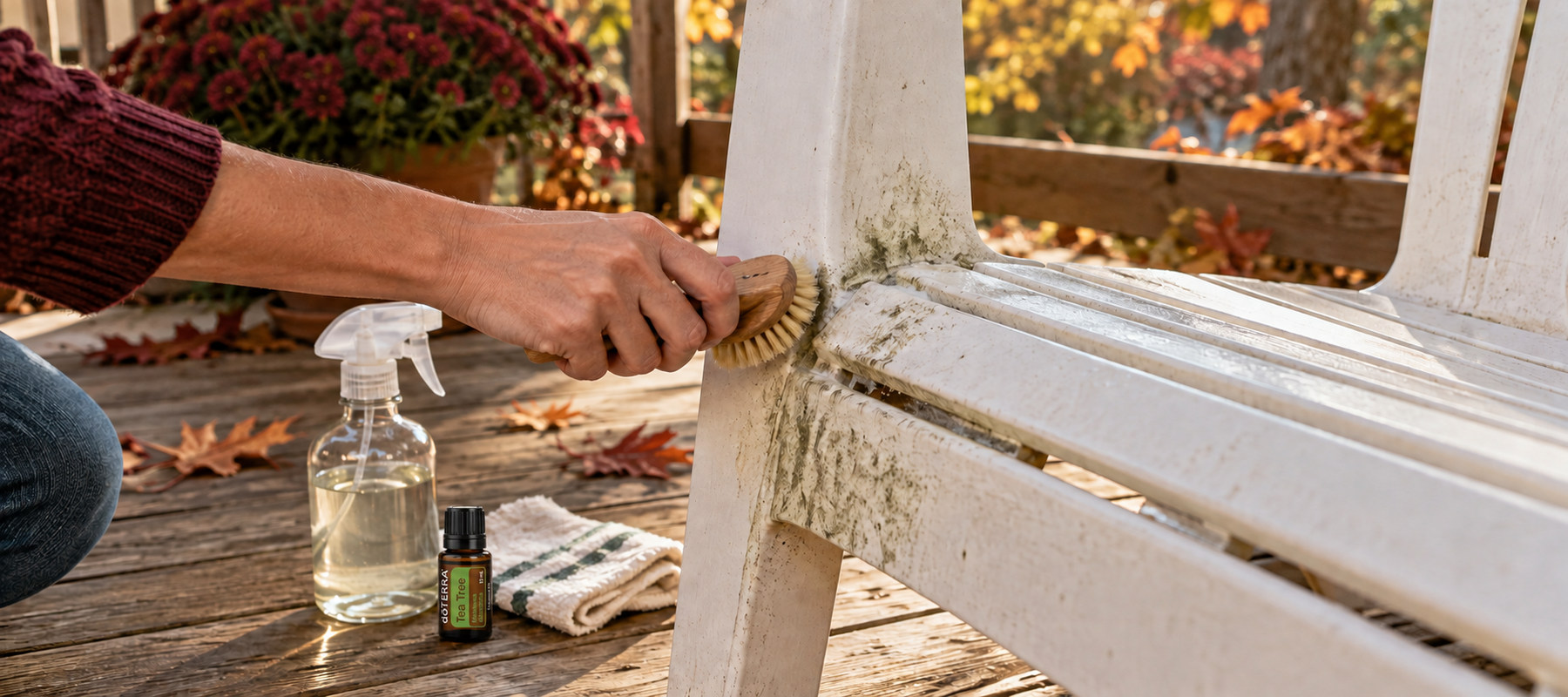 Gently cleaning mildew staining from white outdoor furniture with a soft brush