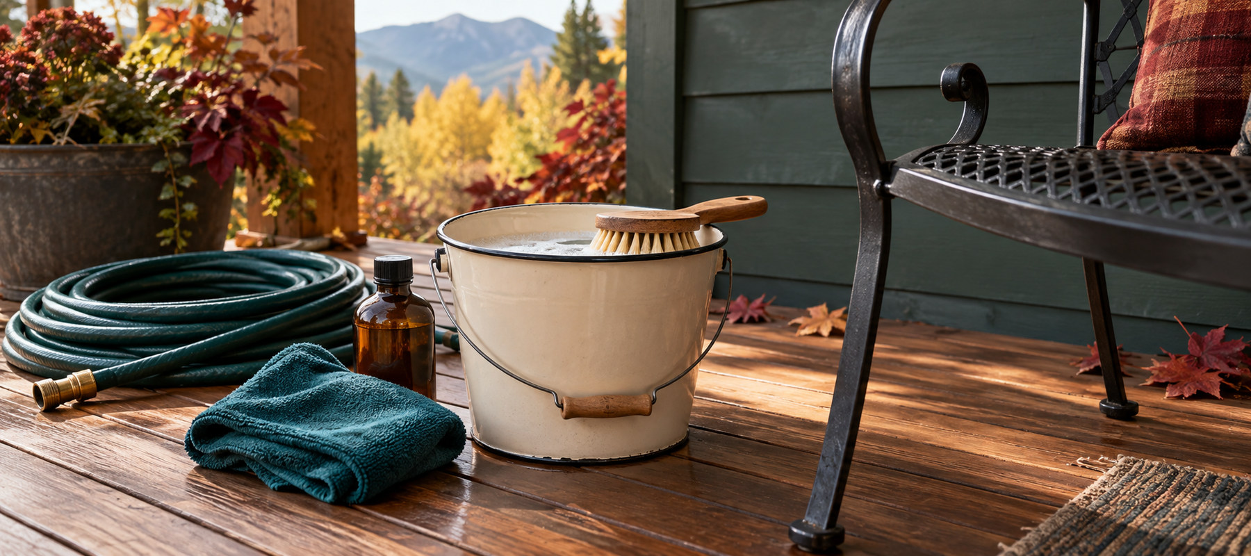 Bucket, soft brush, hose and cleaning cloth ready for a simple outdoor furniture wash