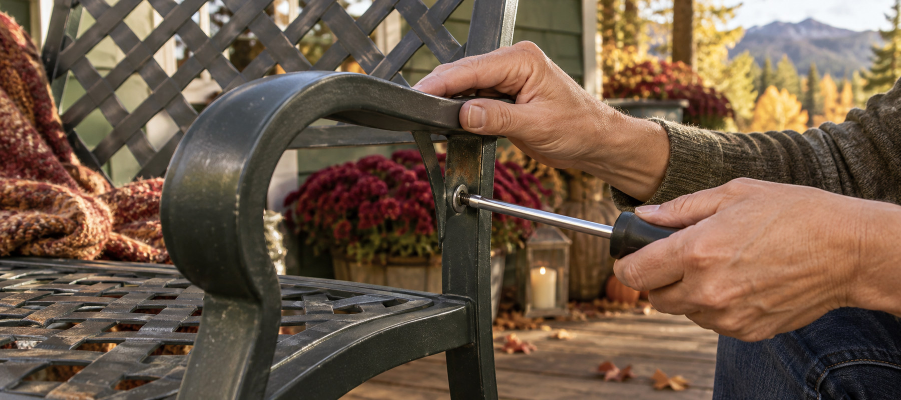 Inspecting the hardware and finish on a metal patio chair before winter