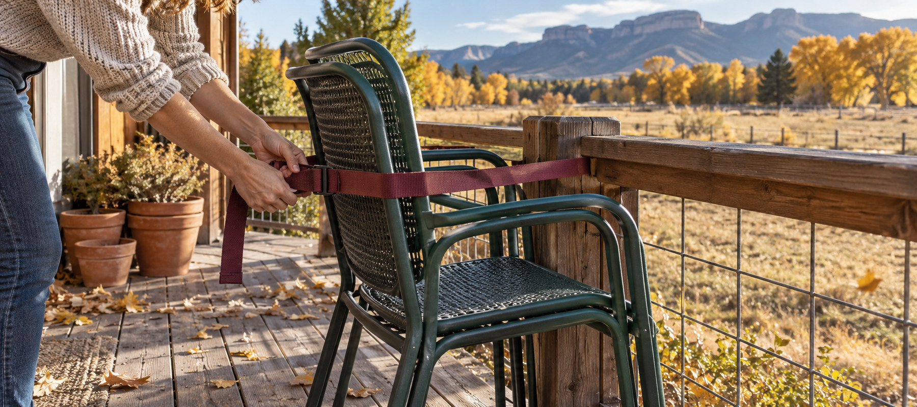 Stacked patio chairs being secured to a deck railing before windy winter weather