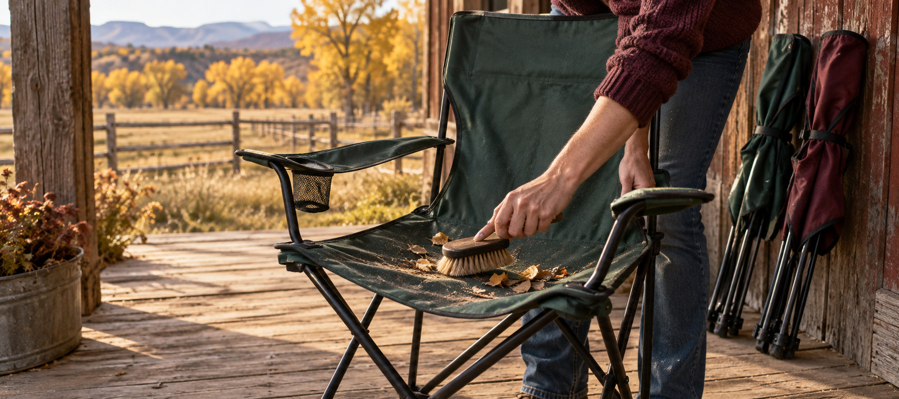 Cleaning and folding a portable camp chair before winter storage