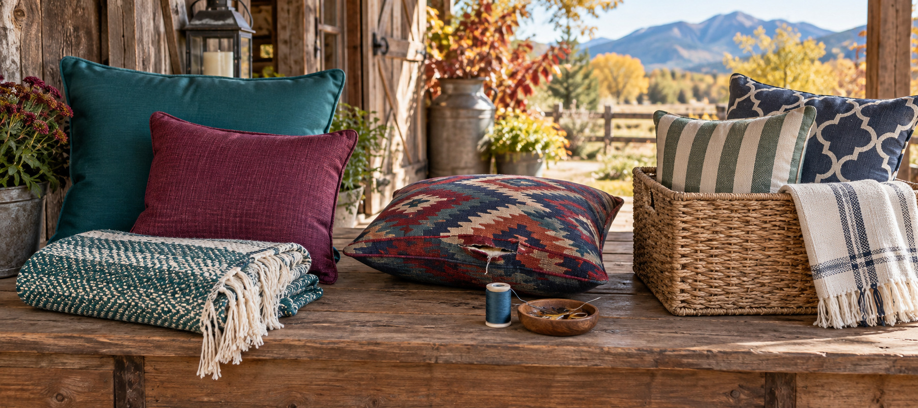 Outdoor pillows and throws sorted on a porch table, with a torn cushion and sewing supplies for deciding what to repair or keep