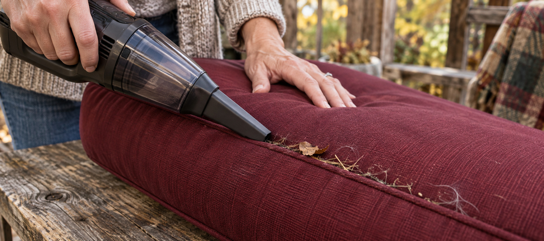 A handheld vacuum removing pet hair, grass, and dry leaves from the seams of a burgundy outdoor cushion