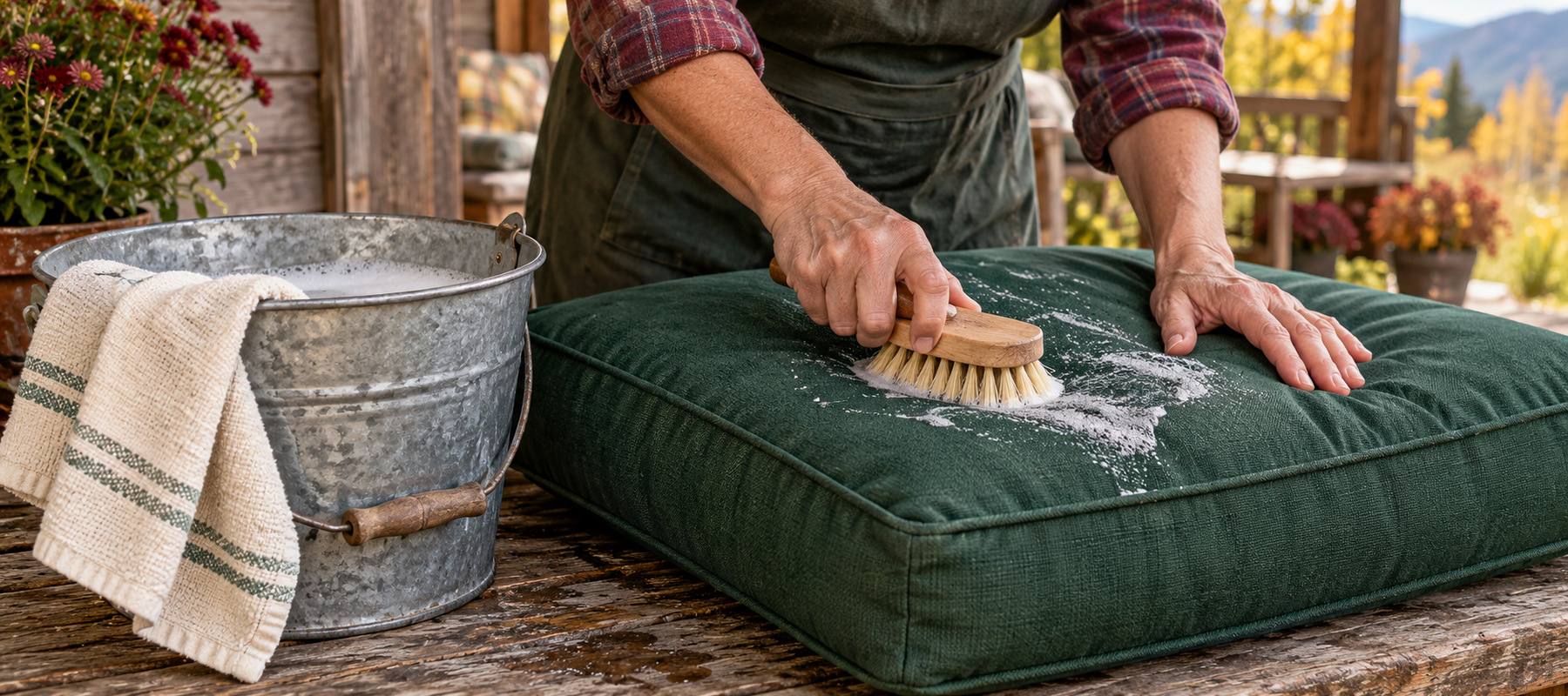 Mature hands gently cleaning a deep green outdoor cushion with a soft brush and mild sudsy water