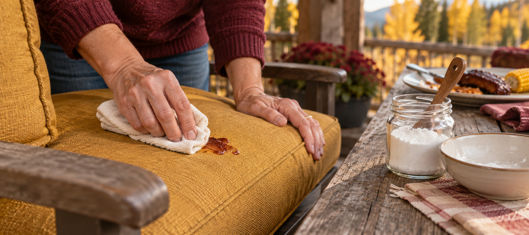 Blotting a barbecue sauce spill from a mustard-yellow outdoor cushion before treating the stain