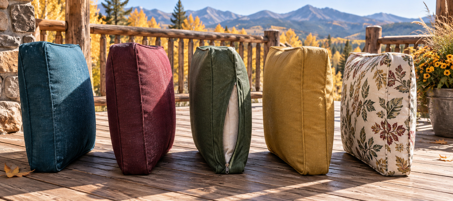 Clean outdoor cushions standing upright with open space between them for complete drying and airflow