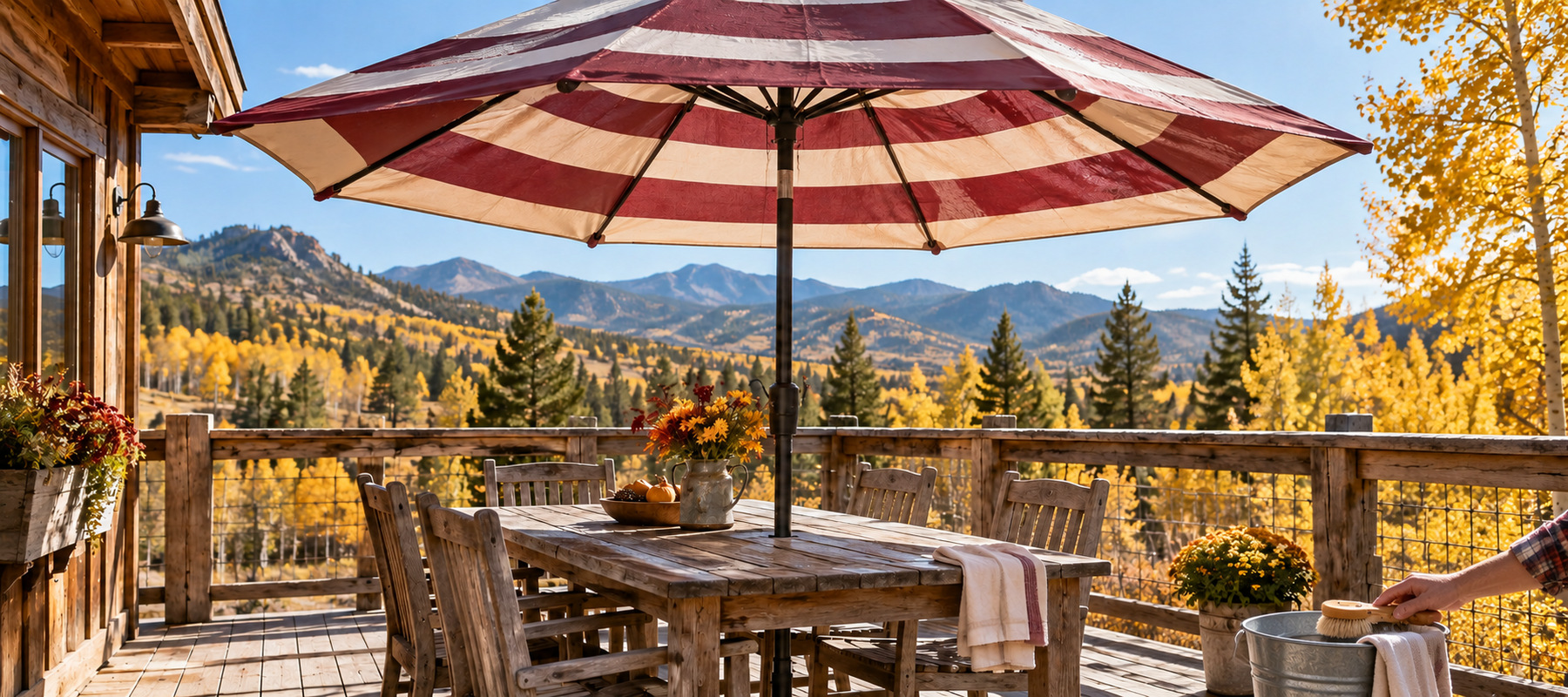 An open patio umbrella being gently cleaned with a soft-bristled brush on a Colorado homestead deck