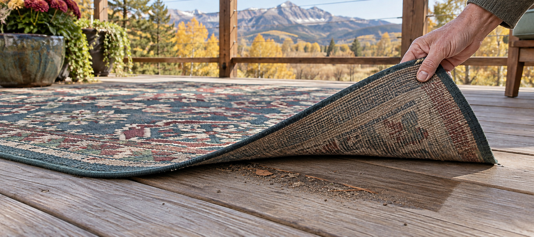 A corner of a colorful outdoor rug lifted to reveal flattened debris and a subtle damp outline on the deck
