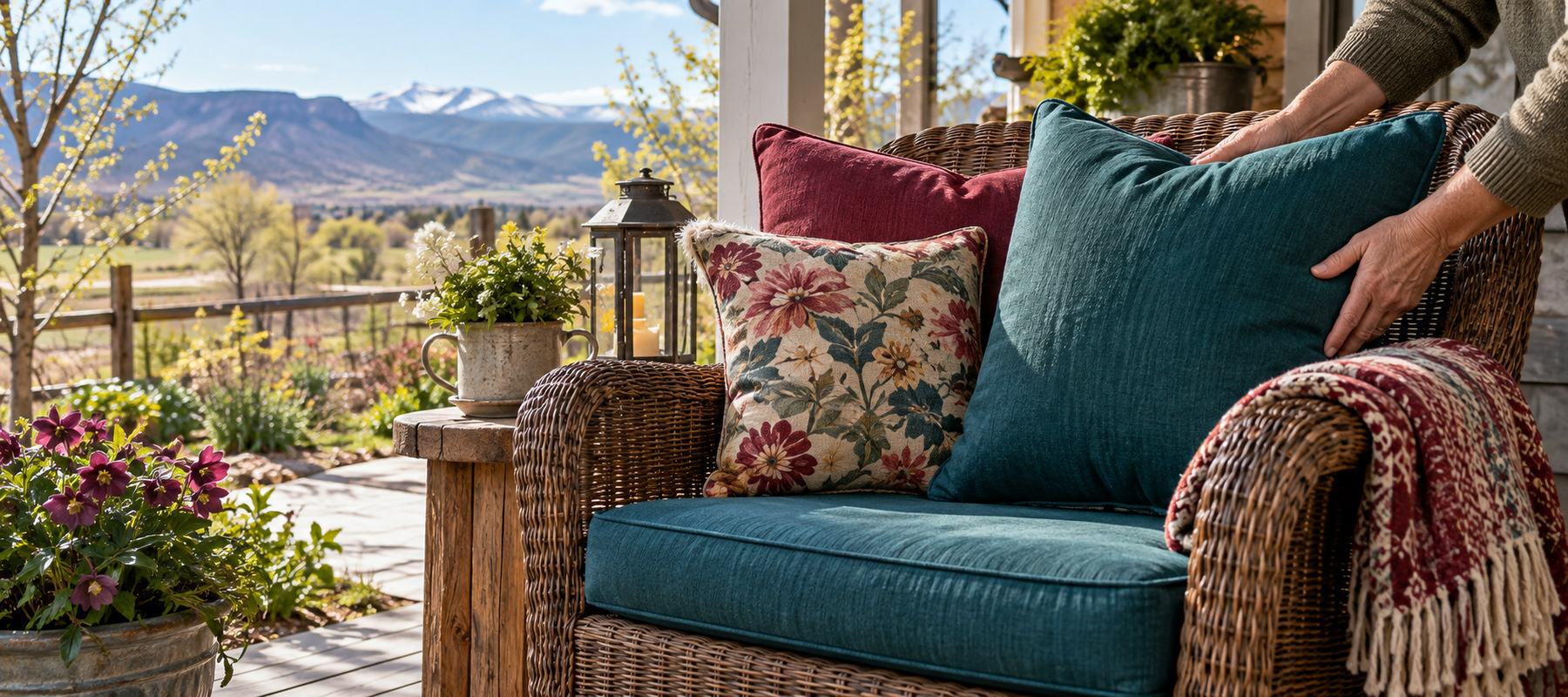 Arranging clean teal and burgundy cushions on a wicker porch chair, ready to enjoy again next spring