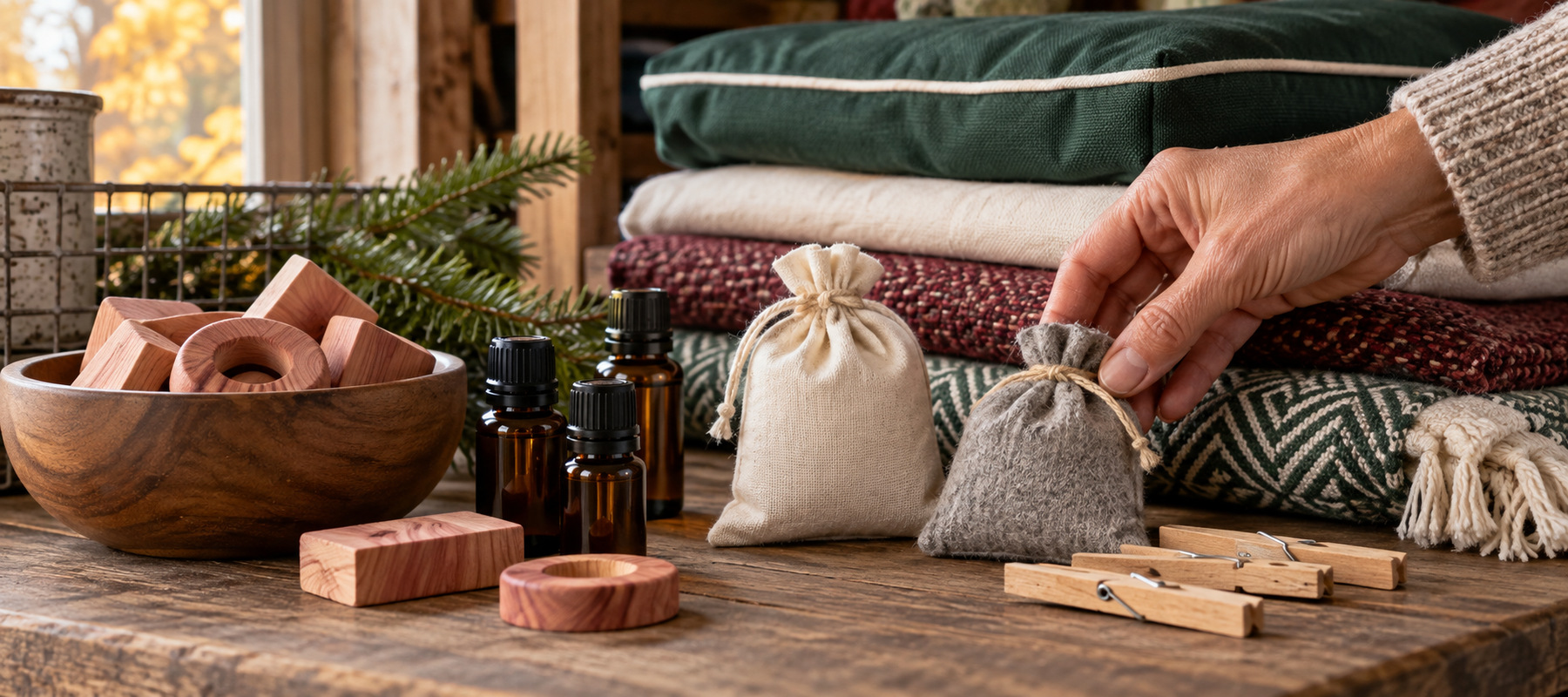 Breathable cedar sachets prepared for outdoor cushion winter storage