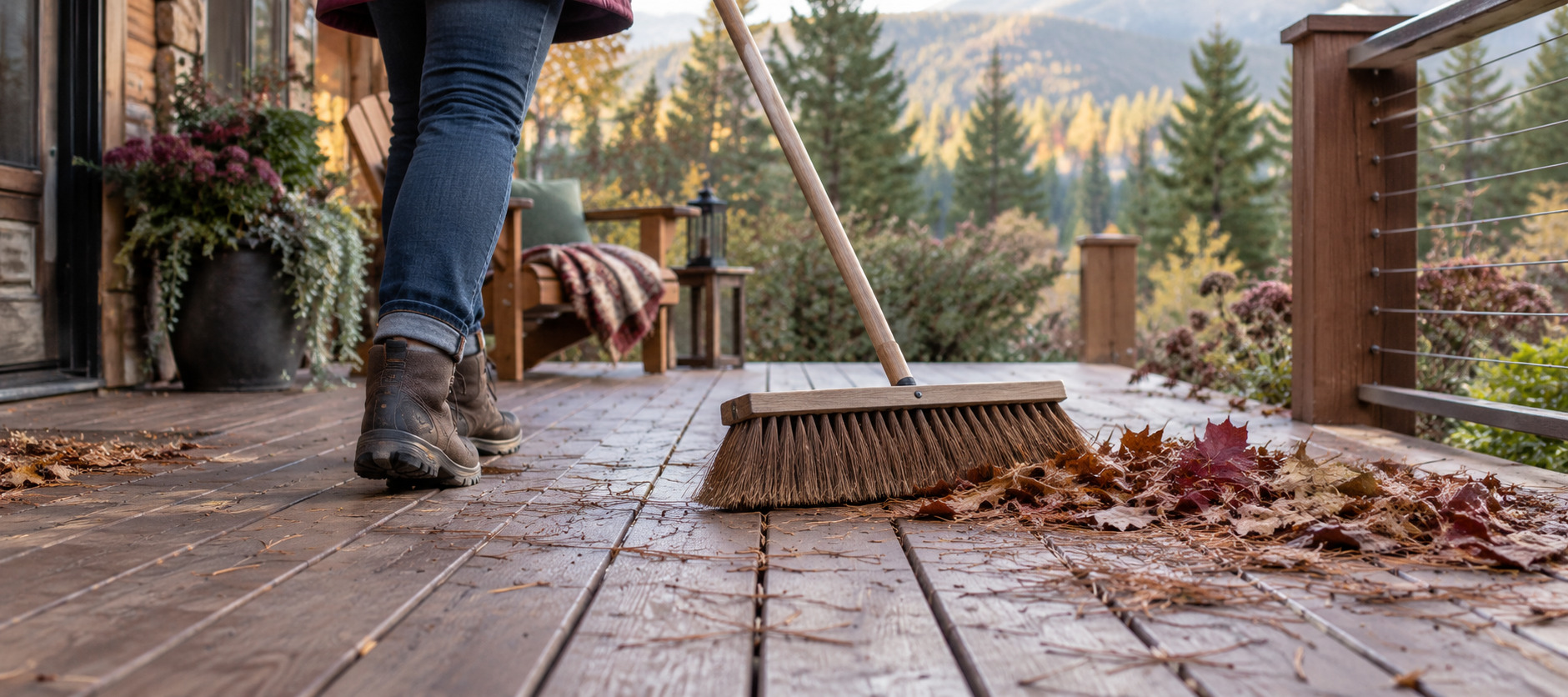 Person shown from the knees down sweeping autumn leaves and pine needles from a wooden deck.