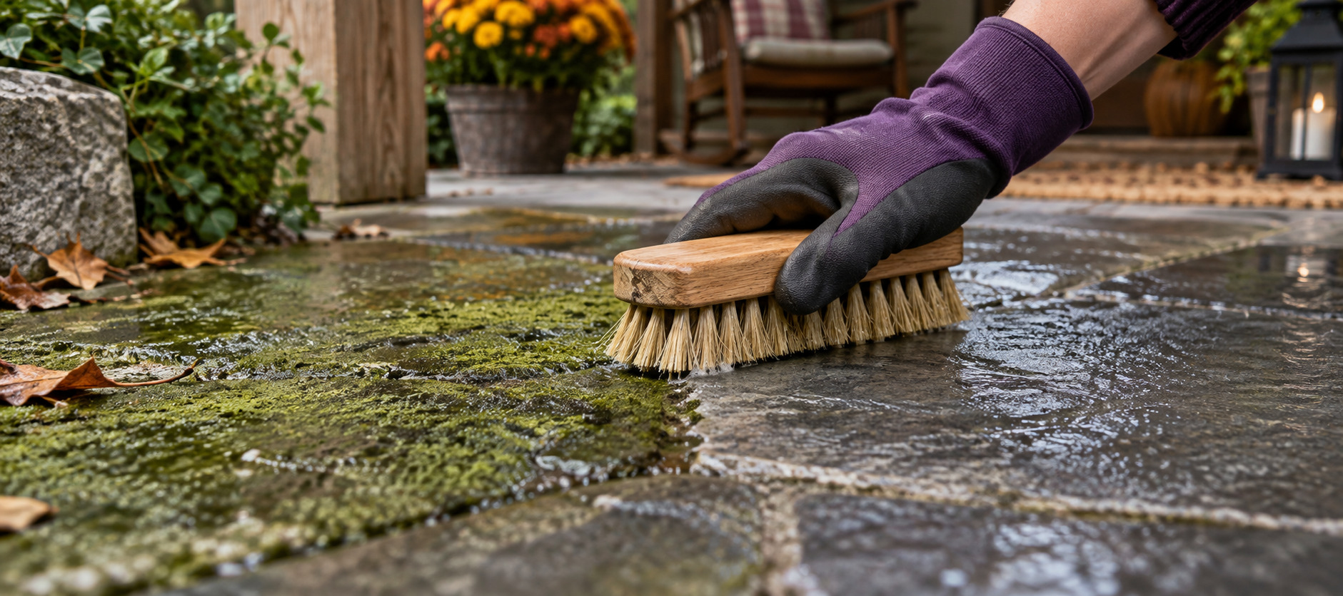 Gloved hand scrubbing green algae and grime from damp stone patio pavers.